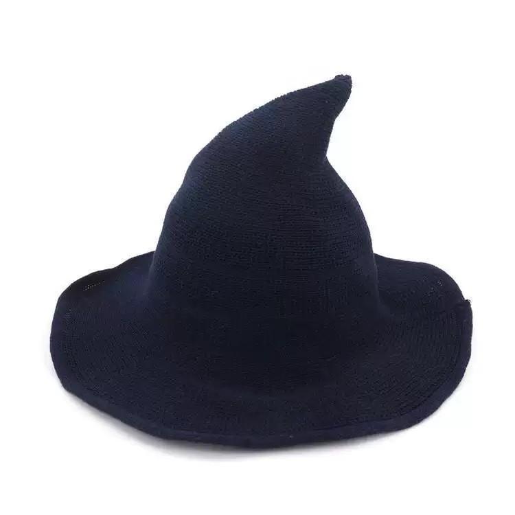Black Knit Witch Hat With Large Brim And Sunshade Function For Cosplay And Seasonal Celebrations