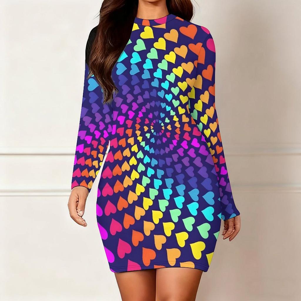 2025 Осень и Зима Новое 3D Принт с Любовным Узором и Окрашивание Женская Мода Платье с Длинным Рукавом и Круглым Вырезом, Облегающее Бедра Ограниченная Серия ко Дню Святого Валентина