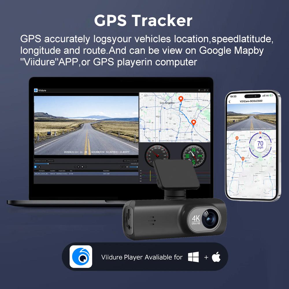 4K Ultra HD Dual Lens Auto Dash Recorder, Super Wide Angle Night Vision, Front Rear Recording with WiFi & Built-in GPS Module