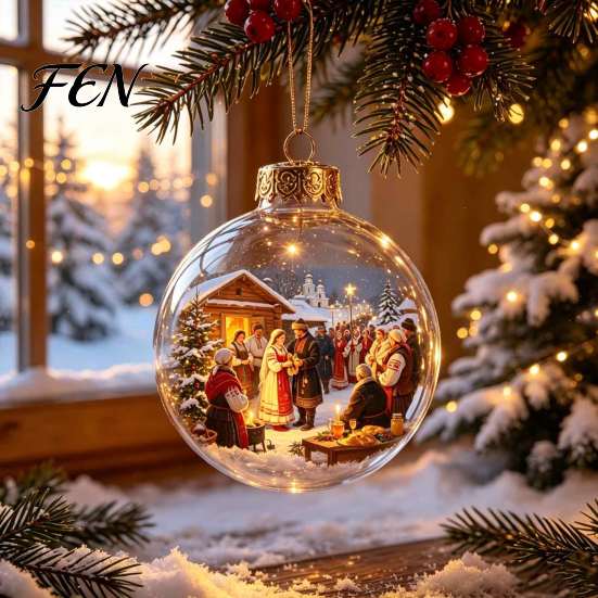 Holiday Hanging Decorations Glowing Christmas Story Ornament, Light-Up 3D Ball with Warm LED, Mini Wall Decor Scene Clear Decoration for Tree,