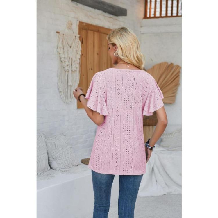 New Fashion Women's Lace V-neck Loose T-shirt Solid Color Ruffled Sleeves Spring Summer