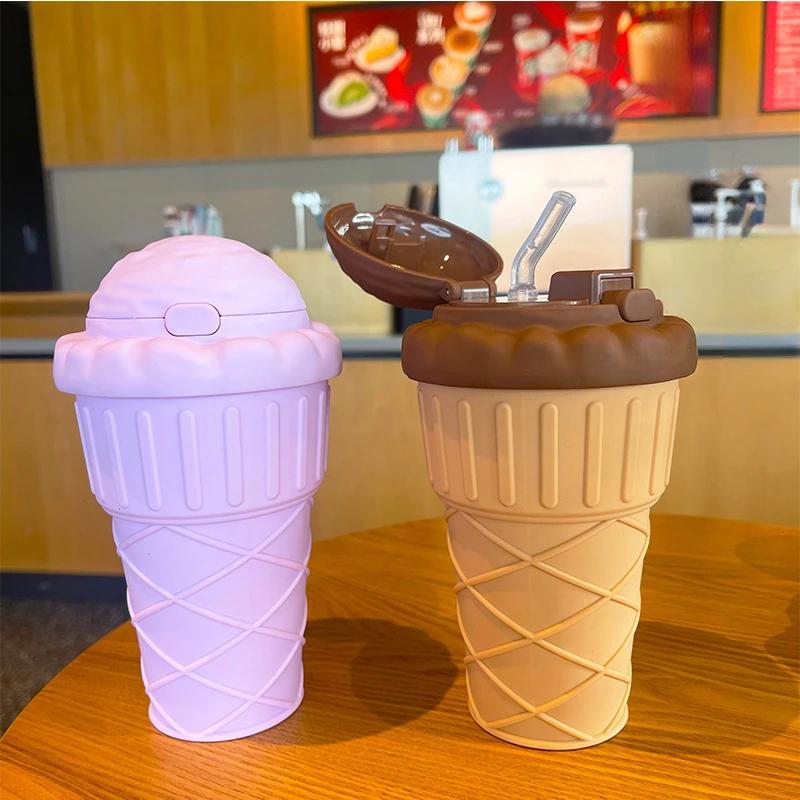 500ML Ice Cream Shape Drinking Water Bottle Drinking Straws Plastic for Adult Kids Cute Water Cup with Straw Rope Drinking Jug