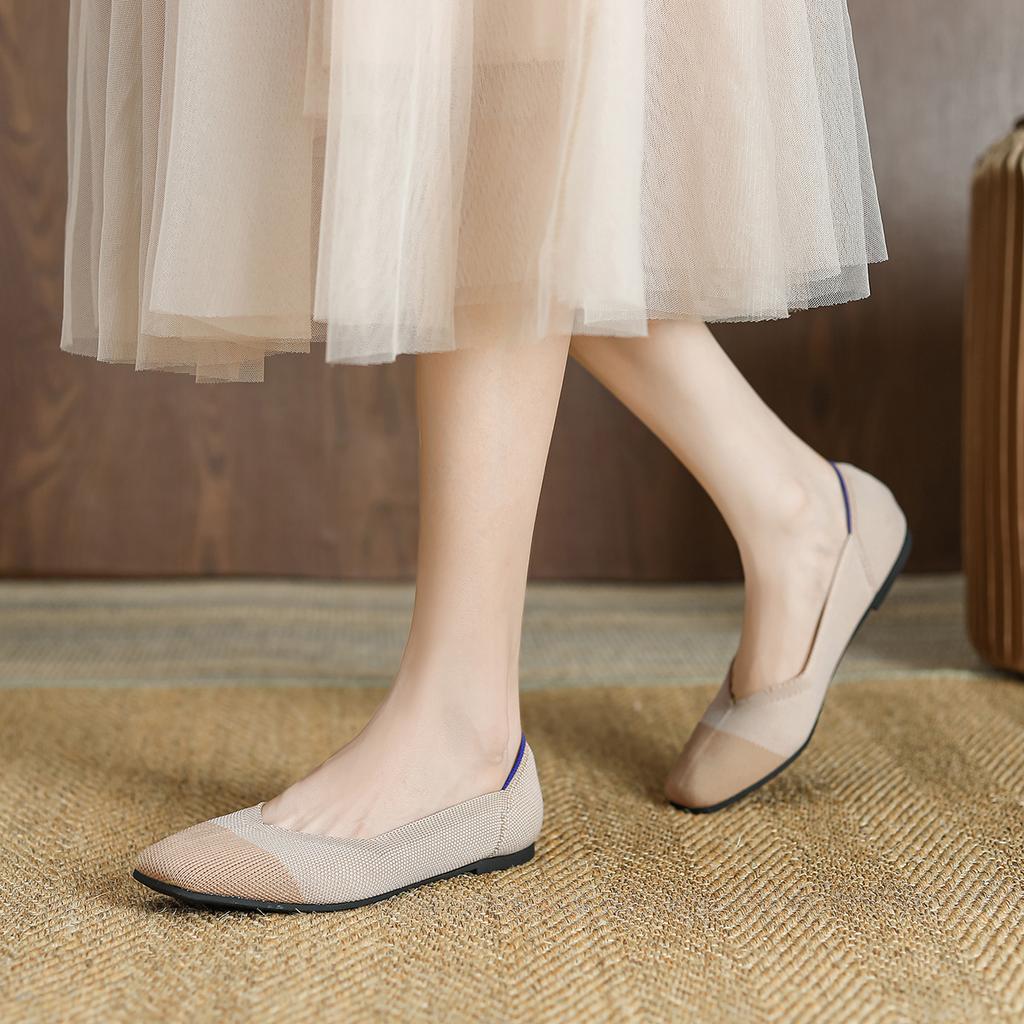 Shoes Single Shoes Women'S Flying Shoes Woven Shoes Square Head Flat Bottom Knitted Large Size Shoes Egg Roll Shoes