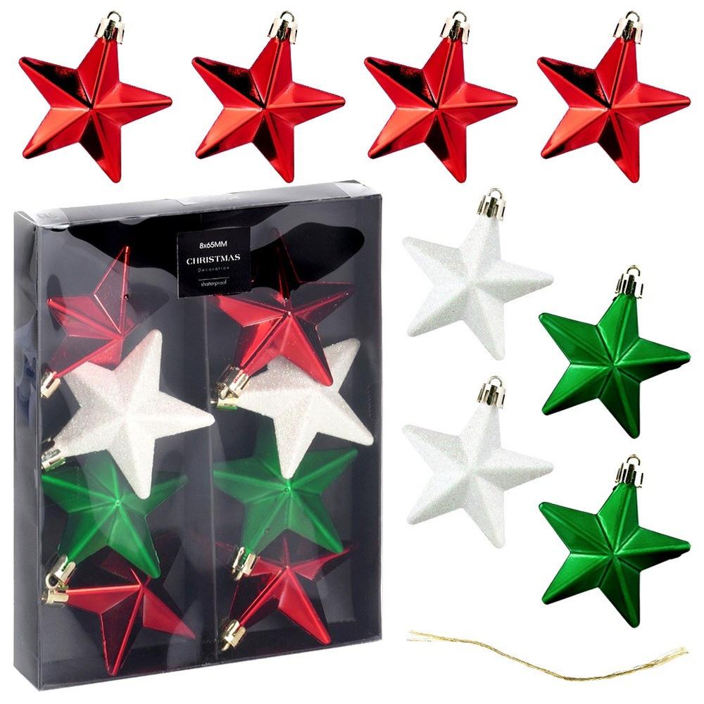 Shatterproof Christmas tree baubles stars red green white 6.5 cm 8 pcs.