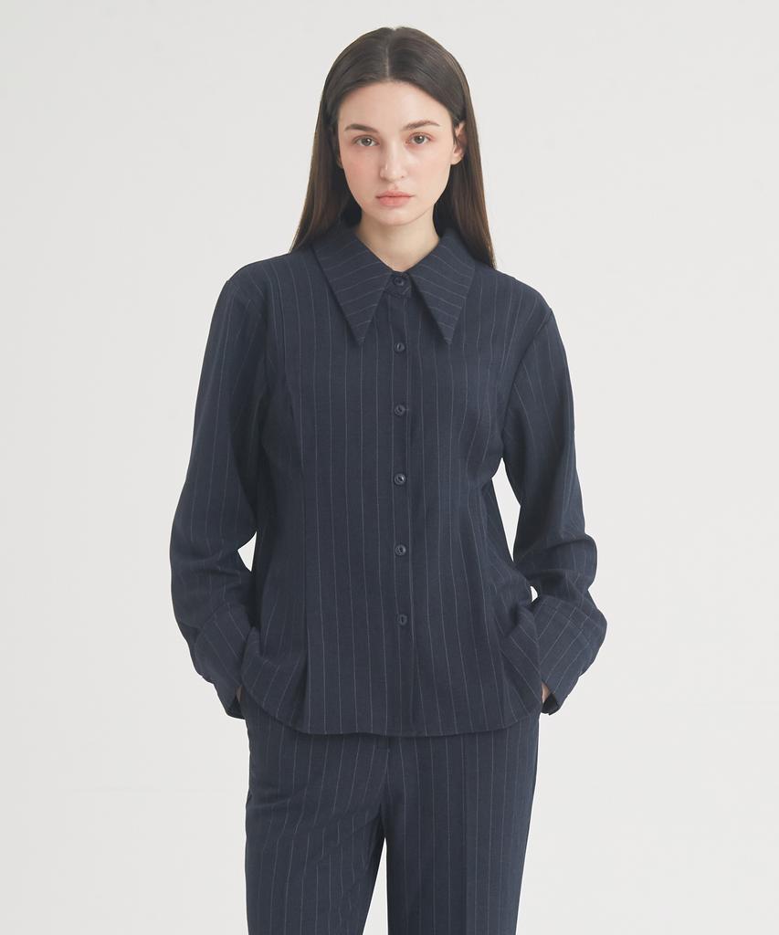 THEFRHT Wool Stripe Pintuck Shirt (Navy)