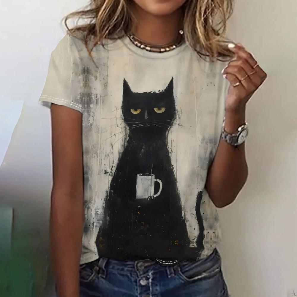 Fun and Cute Cat 3D Printed Women's Loose and Fashionable Round Neck Short Sleeved T-shirt