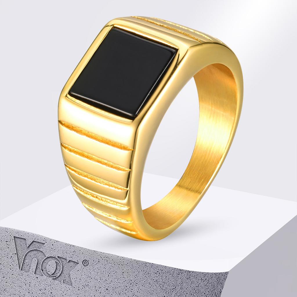 Vnox 10 мм кольцо-печатка для мужчин и женщин, черное квадратное кольцо с верхом из оникса, позолоченное унисекс кольцо из нержавеющей стали, эффектное украшение