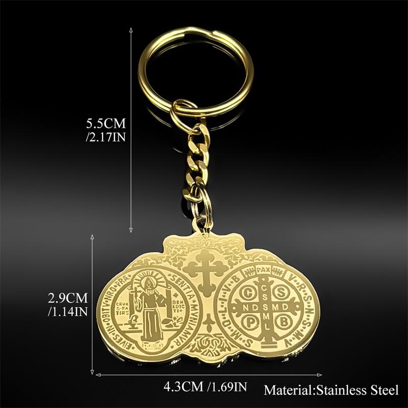 Catholic Saint Benedict Cross Medal Key Rings for Women Men Stainless Steel Gold Color Religious San Benito Key Chain Jewelry