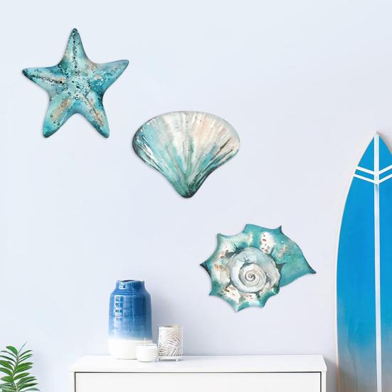 3 Pcs Wooden Rustic Beach Wall Art Ocean Coastal Nautical Seashell Starfish Couch Wall Decor for Living Room Bedroom Lake House Decor