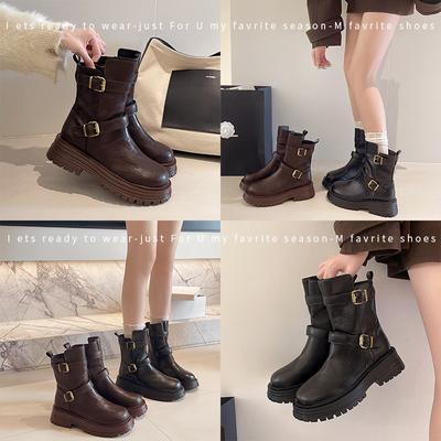 Узкие и модные ретро ботильоны на толстой подошве с круглым носком и толстым каблуком для женской коллекции осень-зима 2025, новые с ремешком и пряжкой, на толстой подошве Mart