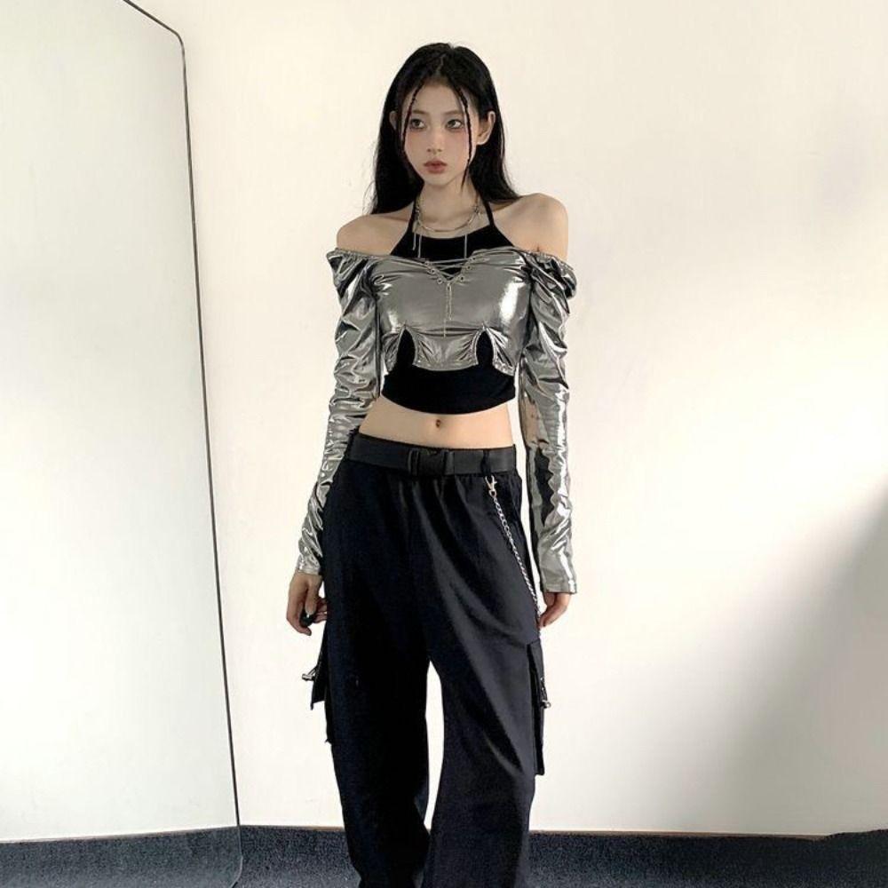 Pullover Long Sleeve T Shirt Ins Neck Halter Top Sweet Y2K Slim Crop Tops Autumn