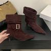 Two Wear 2025 Autumn and Winter New Pointed Thin Heel High Heel Boots Western Cowboy Boots Suede Metal Buckle Short Boots Medium Boots