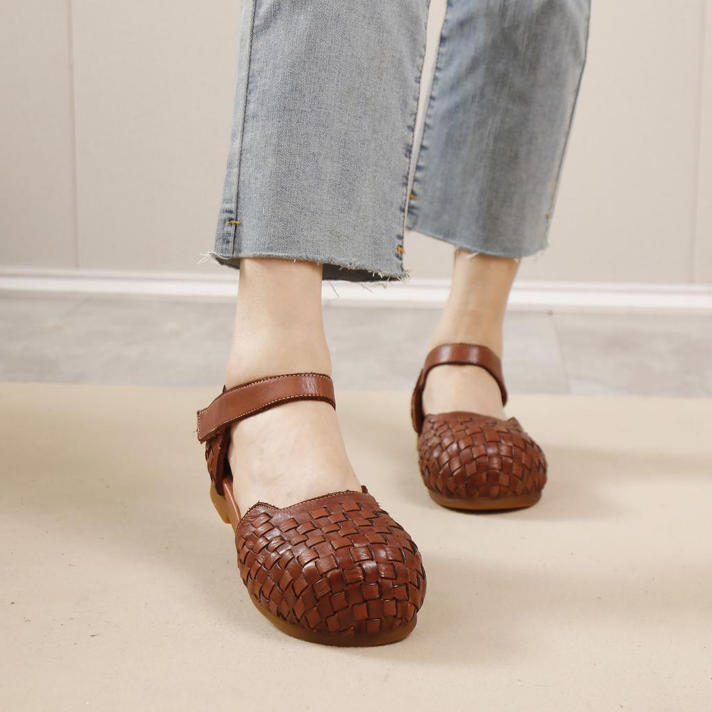 Fashion GKTINOO Women's Sandals Summer 2025 New Retro Versatile Round Toe Genuine Leather Woven Comfortable Flat Shoes