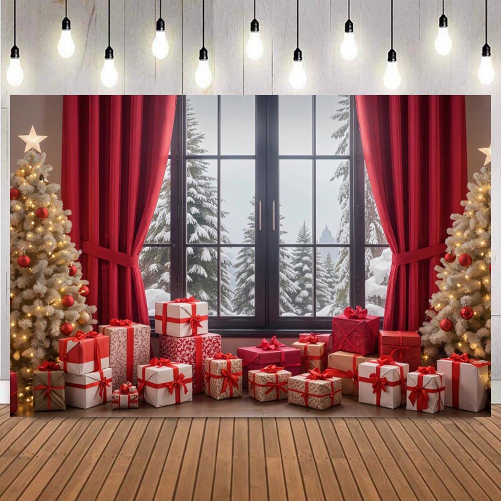 Christmas Photography Backdrop Santa Claus Window Snow Forest Xmas Tree Red Curtain Girl Portrait Photoshoot Backdrops Props6