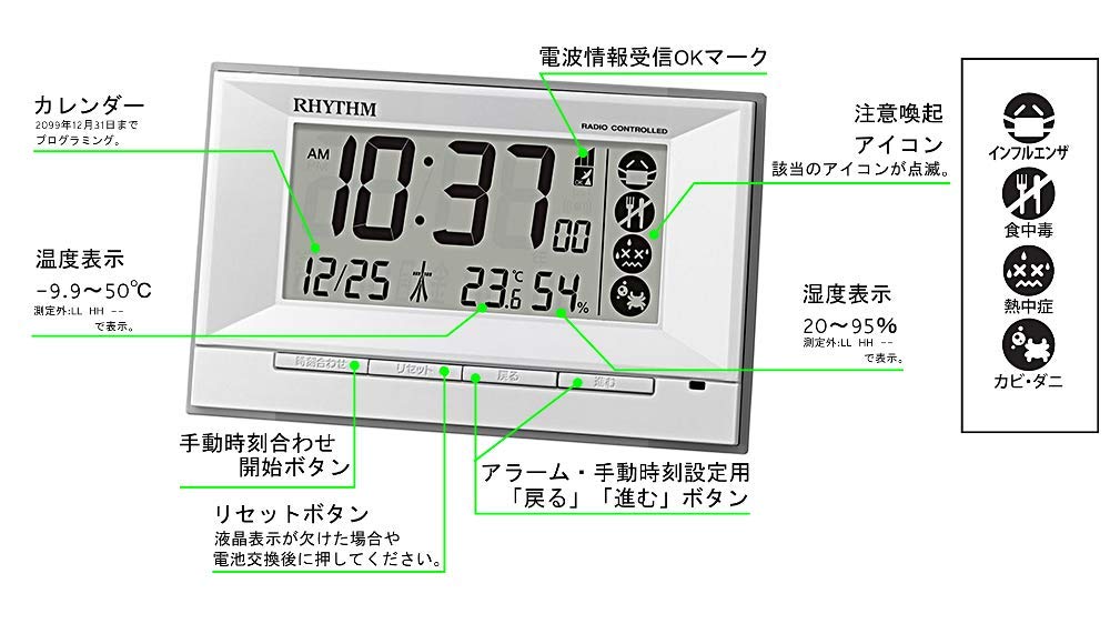 RHYTHM Будильник Радиочасы Цифровые Температура Влажность Календарь Тепловой удар Белый 8RZ207SR03 8.8x14.3x4.2см