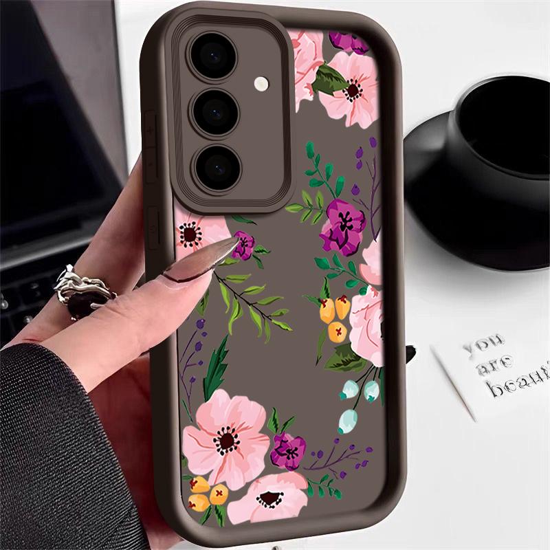 Floral Print TPU Shockproof Phone Case For Samsung S25 Ultra S24 FE S23 Plus A56 A36 A16 A15 A55 A06 Soft Silicone Lens Protection Matte Bumper Cover