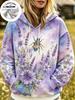 Women Watercolor Bee Wildflower Fleece Hoodie, Vintage Floral Insect Allover Print Casual Hooded Pullover Sweatshirt