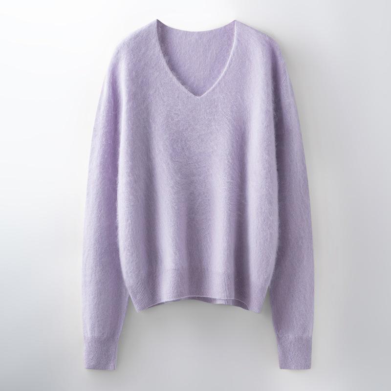 Women's Brushed Wool V-Neck Long-Sleeve Sweater: Autumn/Winter Loose Slimming Knitted Pullover Top