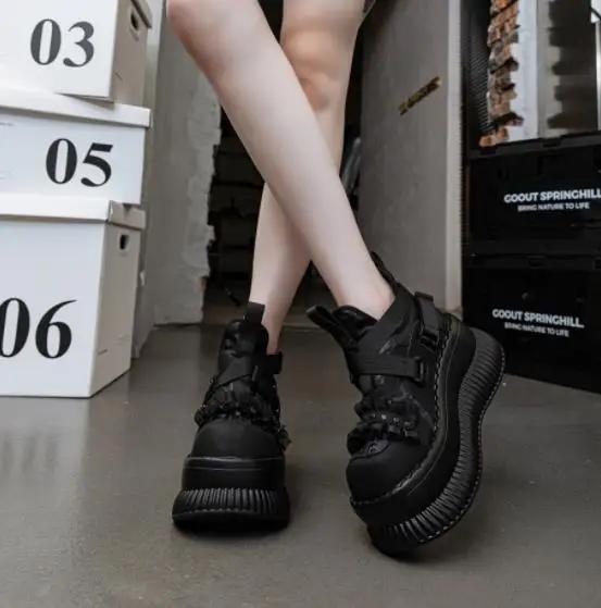 Модные 8 см готические ботинки на толстой подошве, высокие женские ботильоны на платформе, элегантные удобные женские ботинки для ходьбы, кожаные ботинки в стиле панк