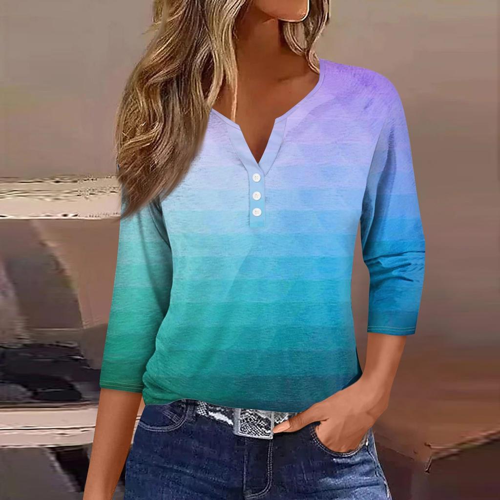Женская модная повседневная футболка с коротким рукавом и V-образным вырезом, декоративными пуговицами и рукавом три четверти