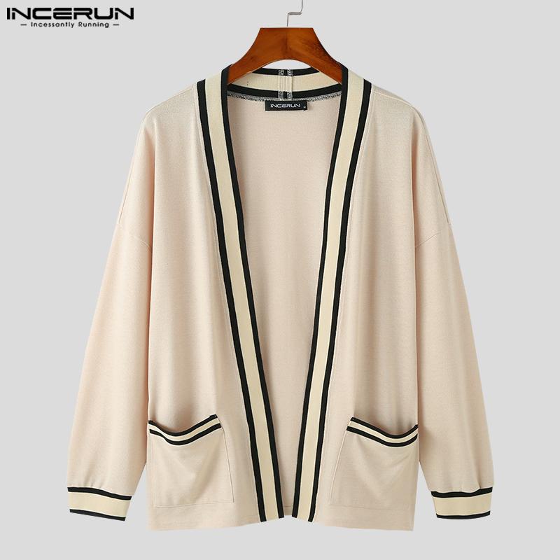 INCERUN Негабаритный мужской вязаный повседневный кардиган в стиле преппи с длинными рукавами