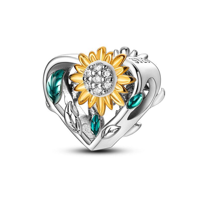 NEW 925 Silver Flower Charms Sunflower Series Eternal Love Heart Beads Fit Bracelet DIY Jewelry Gift For Women