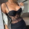 Sexy Cami Top Lace Satin Ruffle Spaghetti Strap Party Crop Top Deep V Front Zip Outfits Corset Fashion Bustiers for Party Club