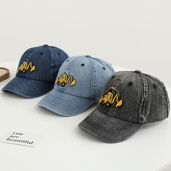Детская шляпа унисекс, джинсовая бейсболка в стиле ретро, ​​мультяшная экскаваторная вышивка с длинными полями, защита от солнца, уличная шляпа от солнца