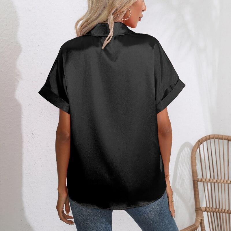 Summer Silk Shirts Women Button Up Satin Blouse Loose Office Short Sleeve Ladies Tops Casual Shirt Elegant 26103