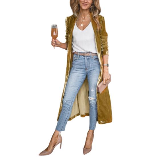 Женский кардиган, пальто с лацканами, длинный рукав, открытая передняя часть, золотистая бархатная ткань, куртка, однотонная, средней длины, верхняя одежда