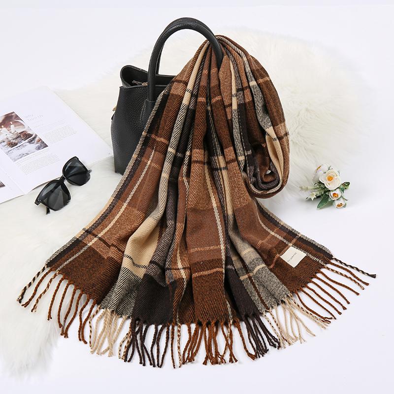 Female's Winter Warm Long Scarf Classic Plaid Tessles Pashmina Shawl Thick and Soft Muffler for Muslim Women Pareos Outdoor