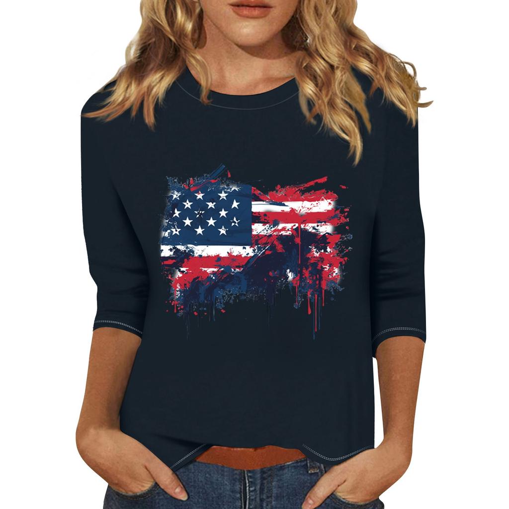 Women's Print Round Neck Top With Three Quarter Sleeves T-Shirt Three Quarter Sleeves T-Shirt