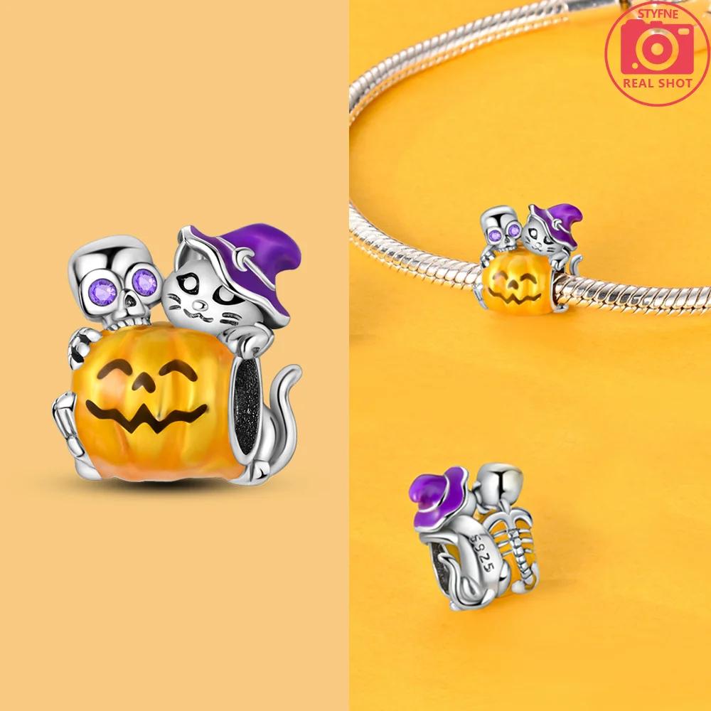 Copper Halloween Pumpkin Cart Magic Witch Ghost Original Charms Beads Fit Bracelet Jewelry Diy Women Birthday Gift Necklace