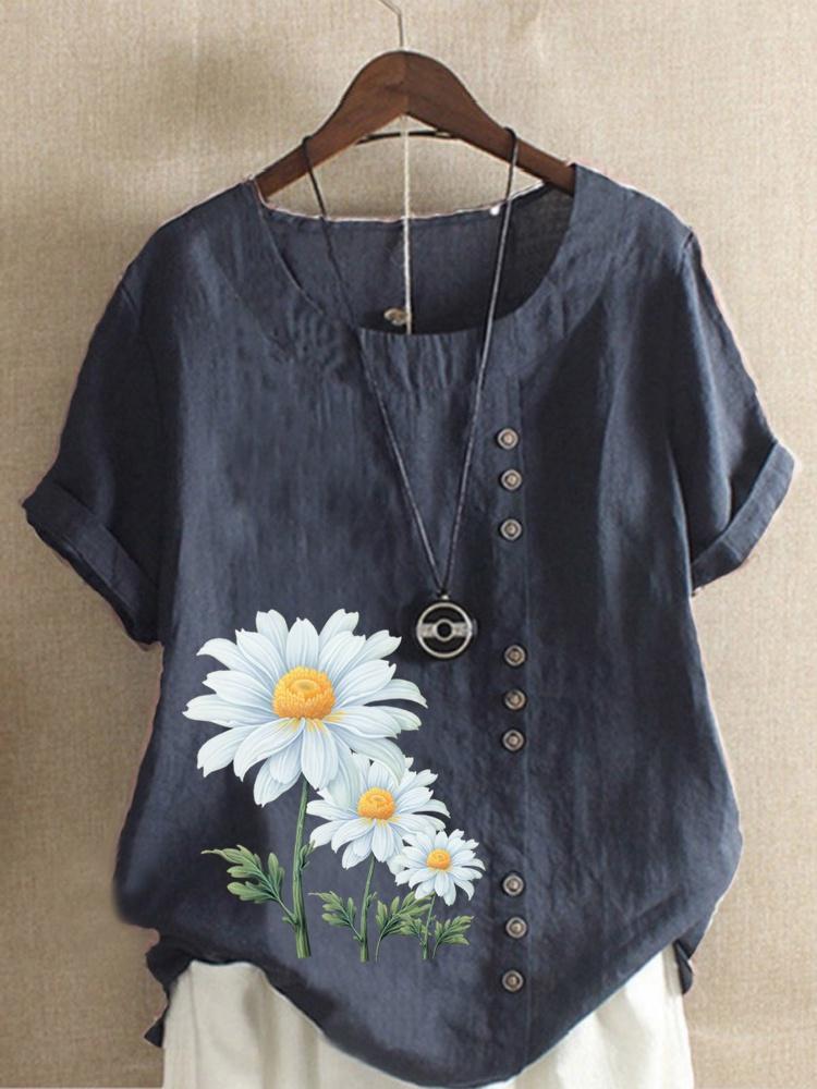 Women's Summer Round Neck Short Sleeve T-shirt Casual Cotton Linen Graphic Shirt Leisure Fashion Loose Daisy Prined Blouse Tops Plus Size