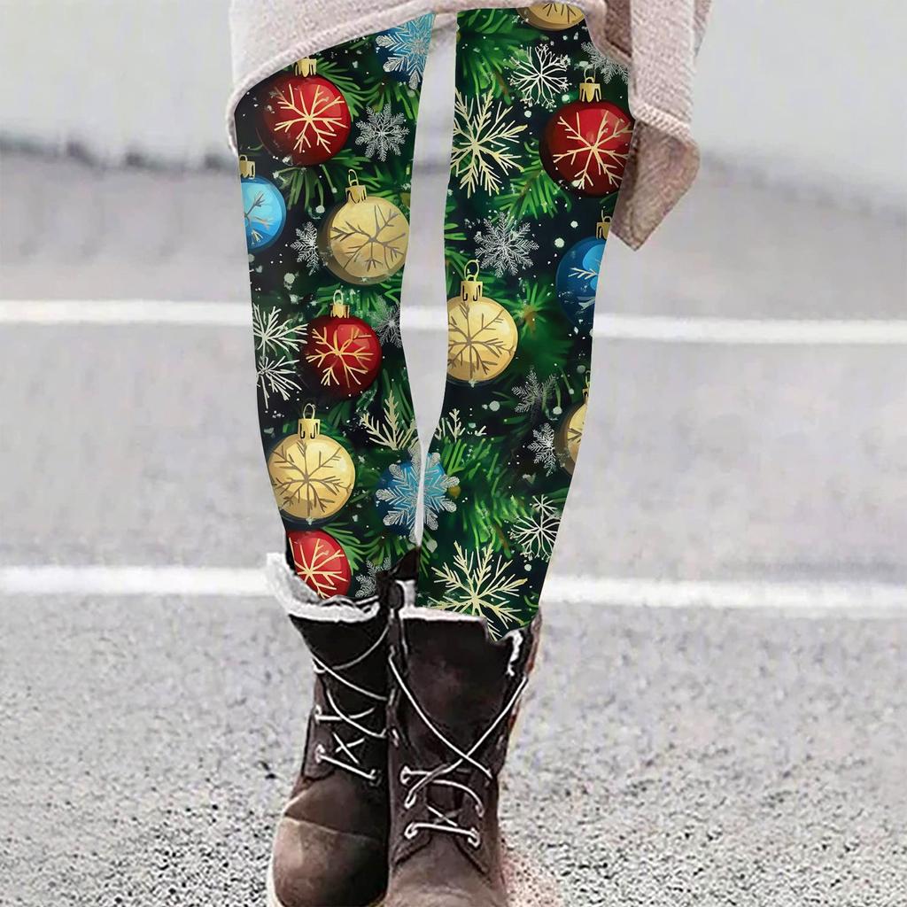 Women's Casual Christmas Tree Snowflake Print Slim Fit Elastic Yoga Pants Cropped Pants
