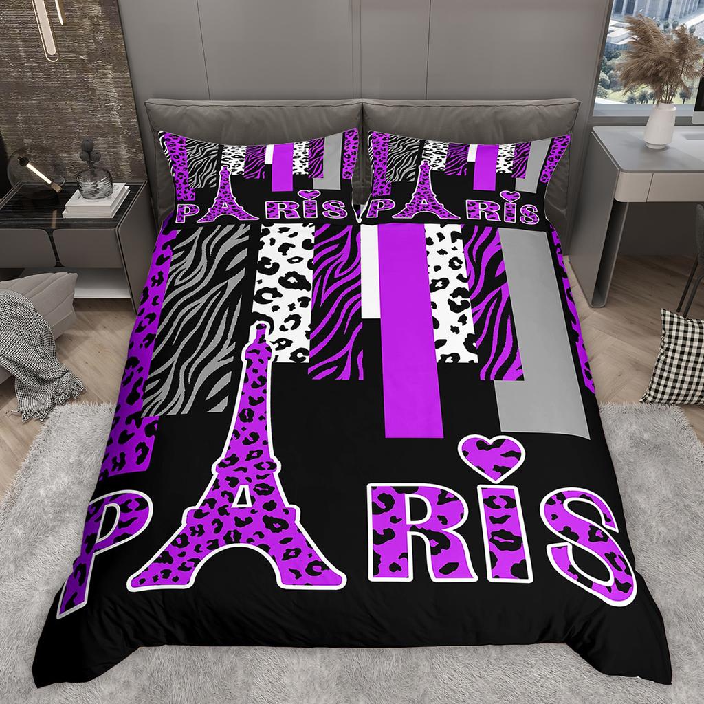 Homewish Romantic Paris Duvet Cover Set, Animal Print Stripes Bedding Set, Star Love Heart Printed Comforter Cover Set