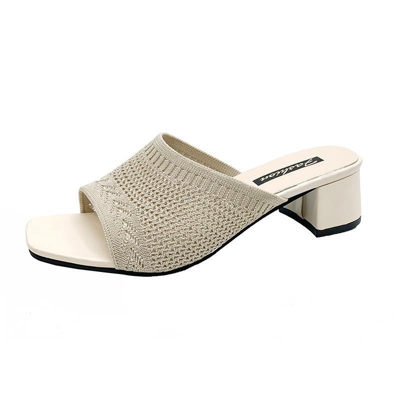 Medium Heel Cool Slippers Women's 20 Summer New Fly-woven Outer Wear One-word Fashion Women's Cool Slippers
