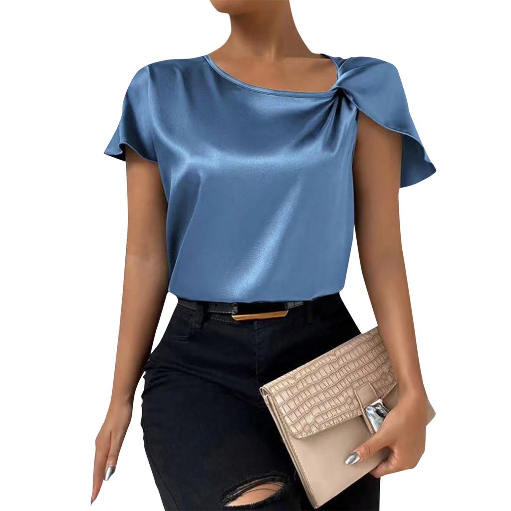 Женская повседневная элегантная атласная плиссированная однотонная свободная верхняя рубашка с баской, женская рубашка с асимметричным воротником и деталями