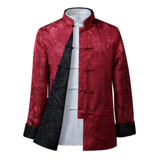 Куртка Тан Ретро с длинным рукавом Двусторонняя в китайском стиле Традиционная одежда Сохраняет тепло Воротник-стойка Винтажная китайская рубашка для повседневной жизни