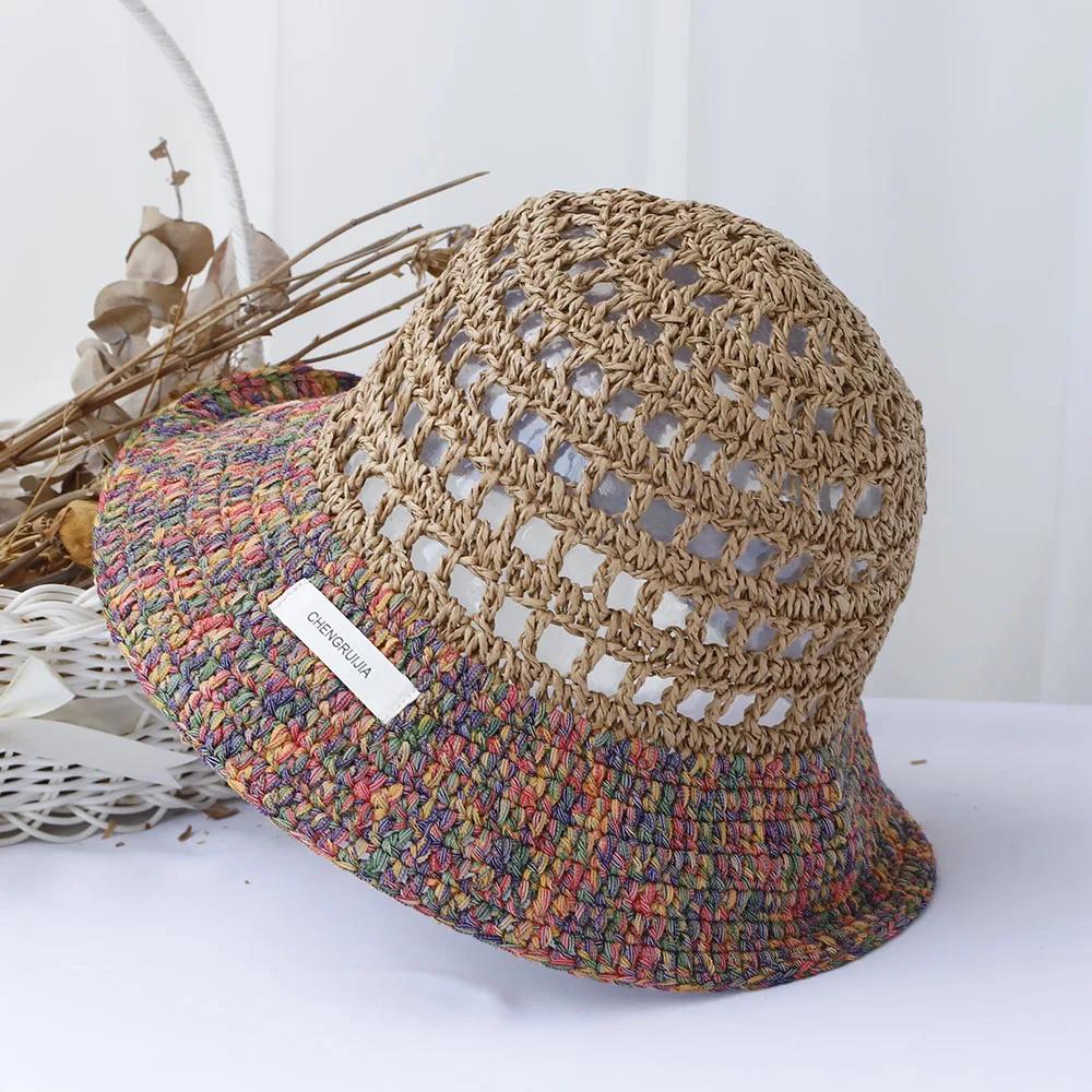Hollowed Out Sun Hat Fashion Style Bucket Hat Multicolor Foldable Sun Crochet Hat For Beach Travel Vacation Handmade Straw Hat