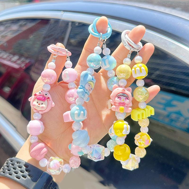 Cartoon Doll Min Letter Phone Lanyard Cute Candy Color Beaded Phone Chain Pendant Bracelet Keychain Anti Lost Phone Strap