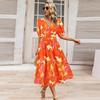 Summer Women's V-Neck Printed Dress A-Line Skirt