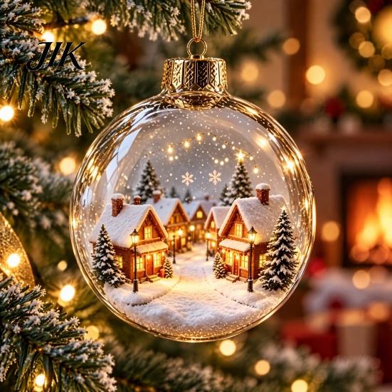 LED Christmas Tree Pendants Decorative Baubles, Luminous Acrylic Ball Pendant with 3D Winter Scene, Baubles for Holiday Trees Light Hanging Ornaments