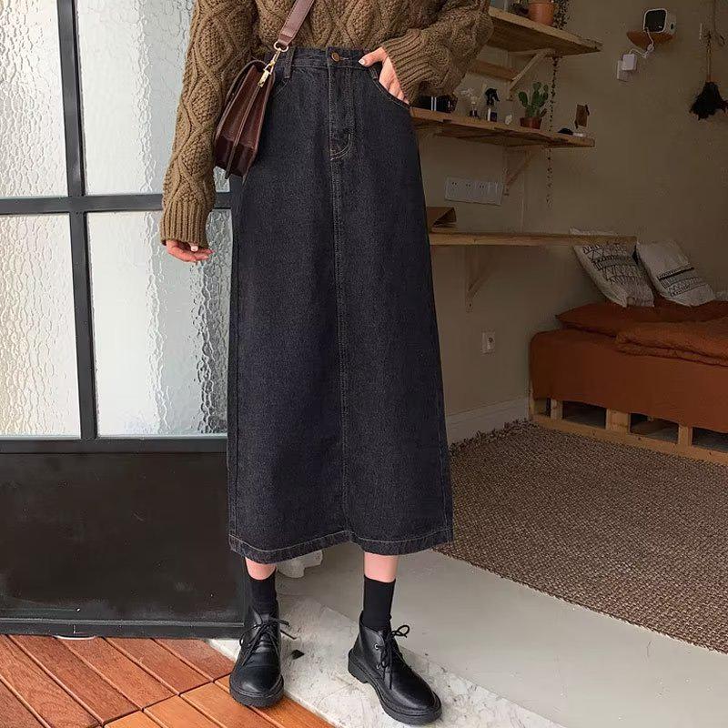 Женская джинсовая юбка А-силуэта средней длины с высокой талией - большой размер, осенний ретро-корейский гонконгский стиль
