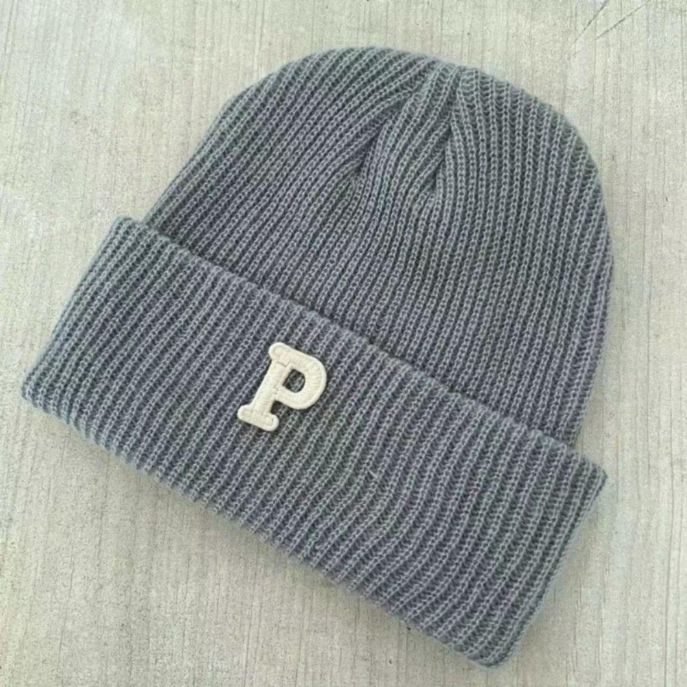 Women Knit Beanie Hat Casual Winter Warm Fleece Warm Knitted Hat P-letter Woolen Yarn Knitting Cap Hat Cuff Knit Beanie