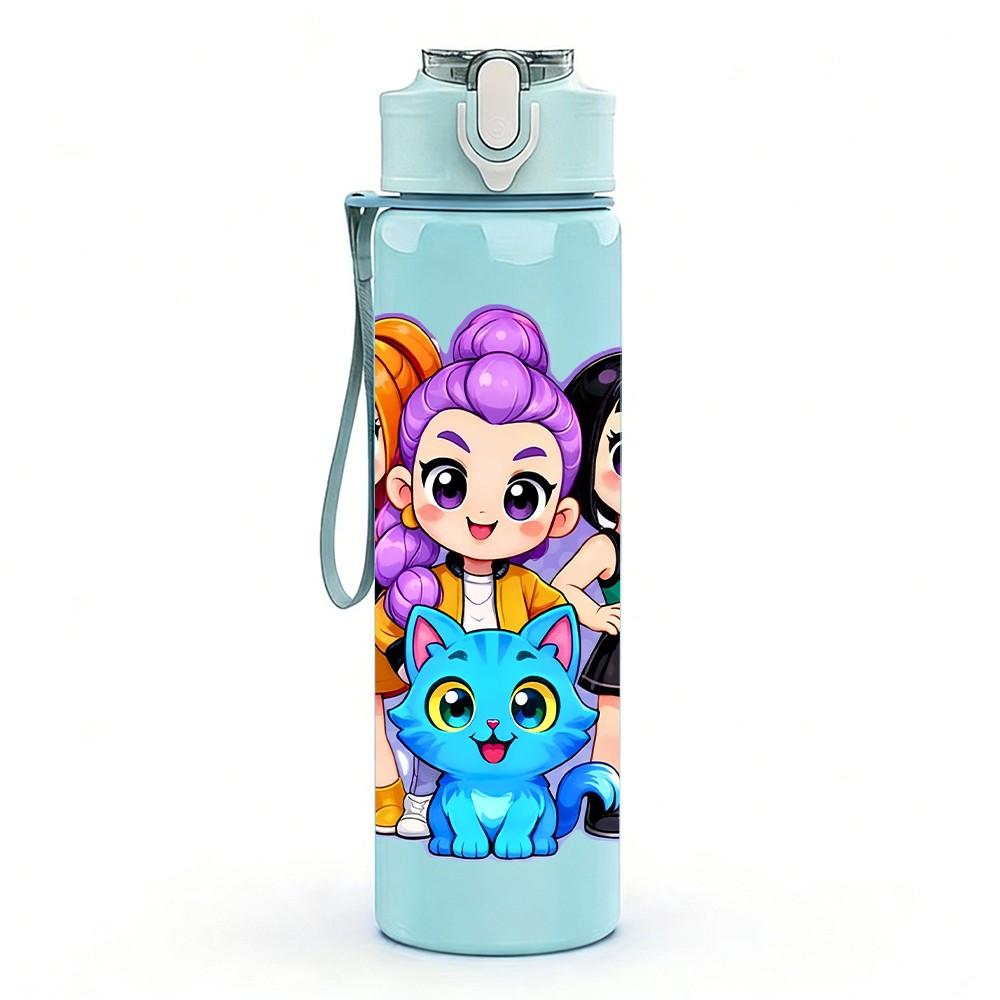 1PC Bright Color Girl Squad Cartoon Print 750ml Color Plastic Sports Water Bottle Leakproof Flip Straw Lid Suitable for Sports Office Home Use