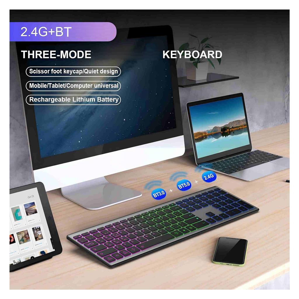 Беспроводная клавиатура 110 клавиш с RGB-подсветкой, Bluetooth-подключение, с цифровым блоком, перезаряжаемая конструкция
