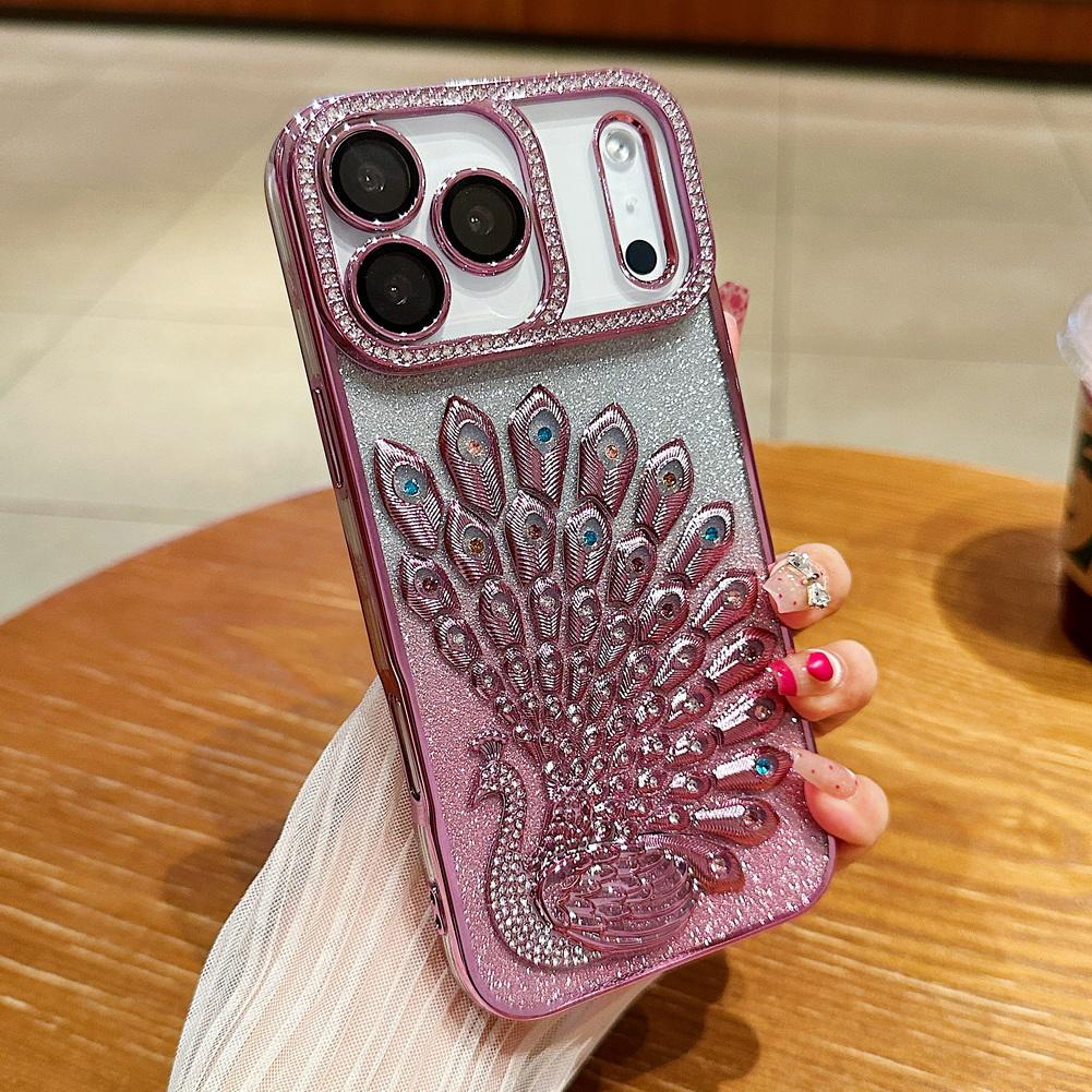 Peacock Plated Frame Glitter Stickers Rhinestone Lens Ring Case for iPhone 17 Pro Max Air 17 Pro 16 Pro 15 14 13 Protect Cover