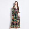 Summer Designer Print Chiffon Holiday Beach Runway Dresses Women's Deep V-neck Long Maxi Seaside Robe