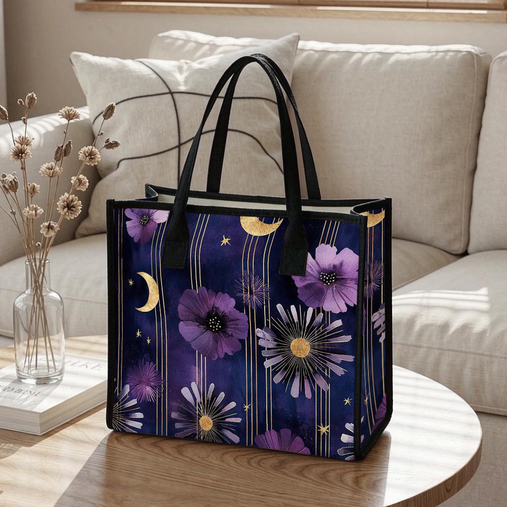 Purple Floral Star Moon Print Large Casual Tote Bag for Daily Outing Shopping